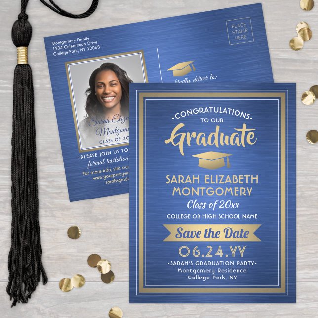 Congrats Graduate Brushed Blue Save the Date Photo Announcement Postcard (Creator Uploaded)