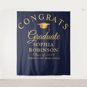 Congrats Graduate Gold Navy Blue Graduation Party  Tapestry