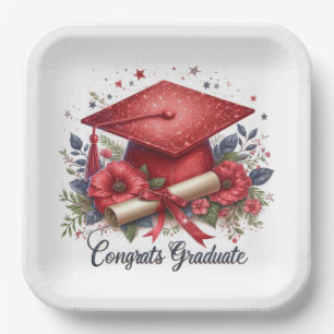 Congrats Graduate, Graduation Cap and Diploma Paper Plate