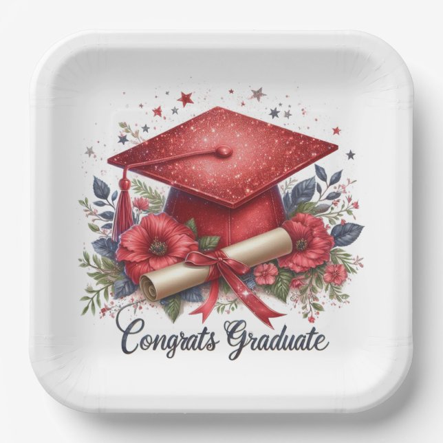 Congrats Graduate, Graduation Cap and Diploma Paper Plate (Front)