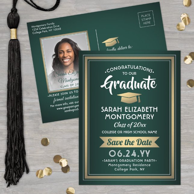 Congrats Graduate Green & Gold Save the Date Photo Announcement Postcard (Creator Uploaded)