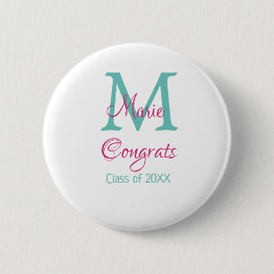 Congrats graduate name monogram green pink blue t 6 cm round badge