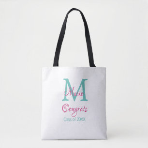 Congrats graduate name monogram green pink blue t tote bag