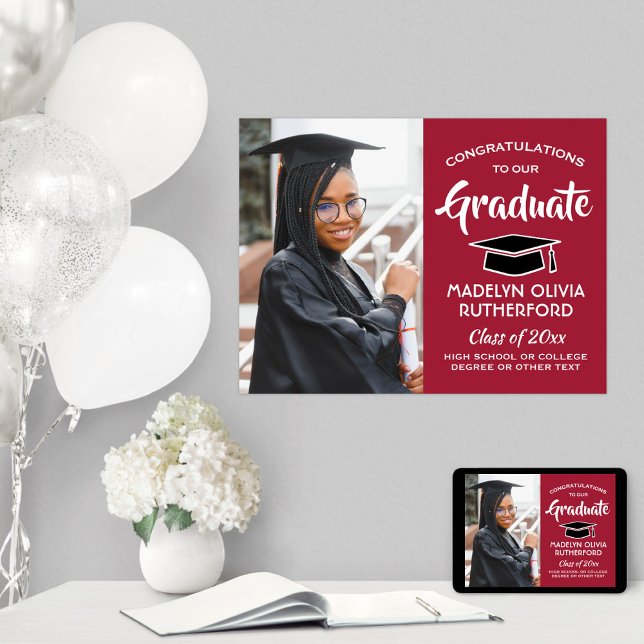 Congrats Graduate Photo Red Black White Graduation Poster (Creator Uploaded)