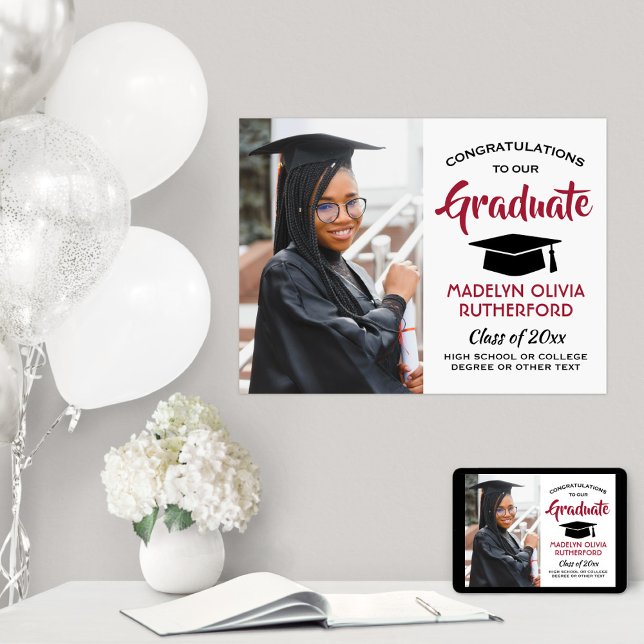 Congrats Graduate Photo Red White Black Graduation Poster (Creator Uploaded)