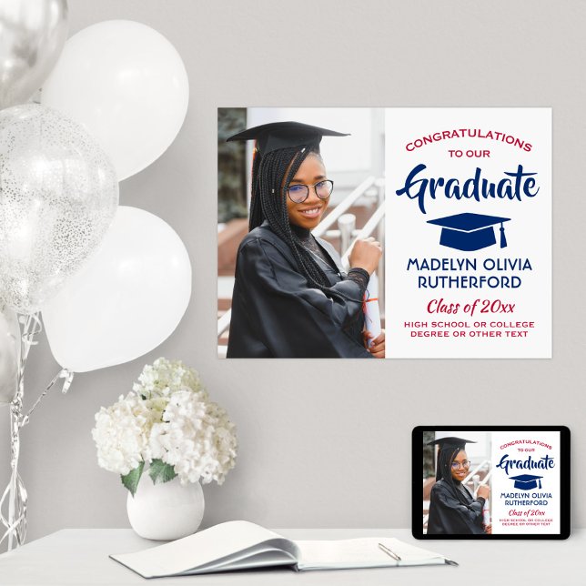 Congrats Graduate Photo Red White Blue Graduation Poster (Creator Uploaded)