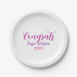 Congrats graduate pink purple name year 20XX date Paper Plate