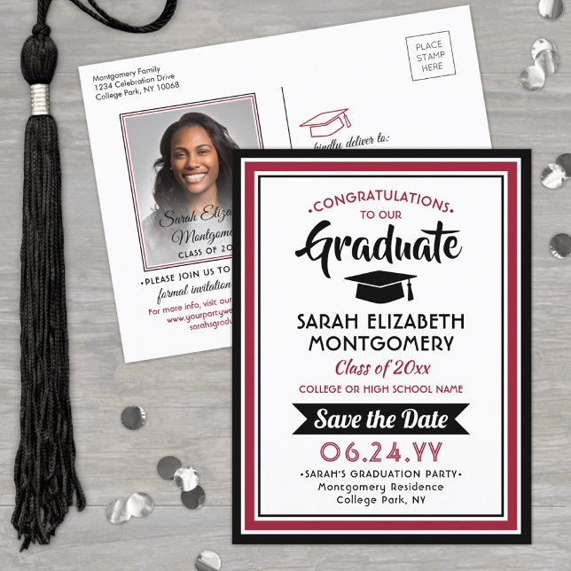Congrats Graduate Red & White Save the Date Photo Announcement Postcard (Creator Uploaded)
