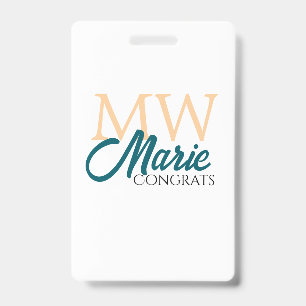 Congrats graduation monogram orange blue 20XX year ID Badge