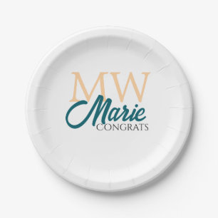 Congrats graduation monogram orange blue 20XX year Paper Plate