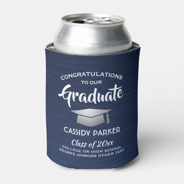 Congrats Graduation Party Brushed Navy Blue White Can Cooler (Can Front)