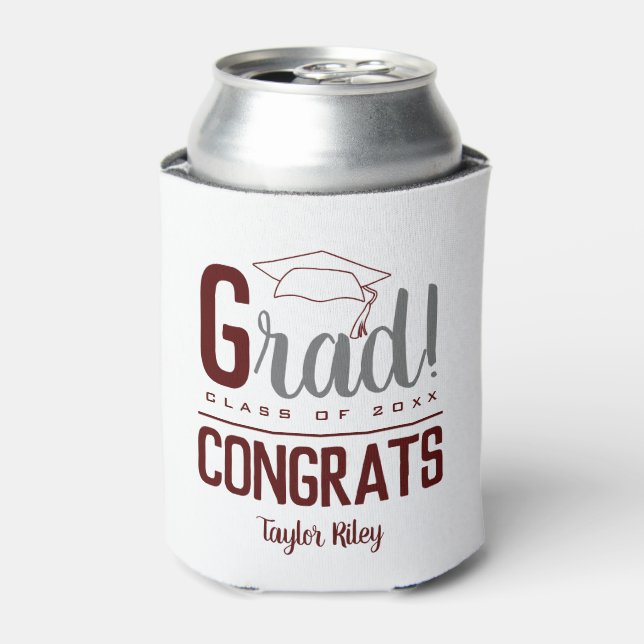Congrats Graduation Party Maroon and Grey Can Cooler (Can Front)