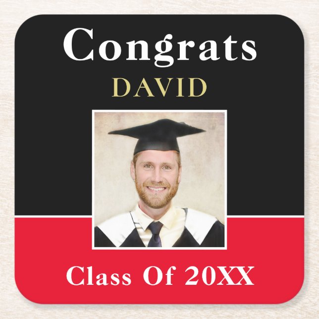 Congrats Name Grad Photo Black Red Gold Informal Square Paper Coaster (Front)