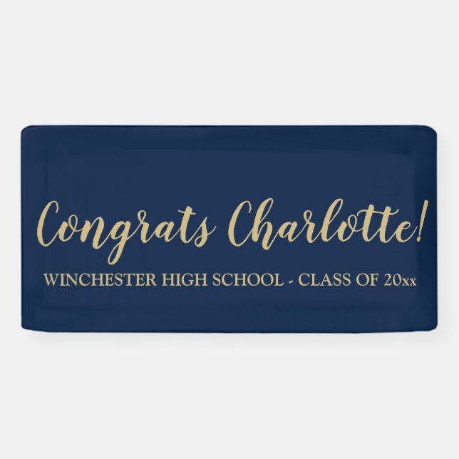 Congrats navy blue gold custom script graduation banner (Horizontal)
