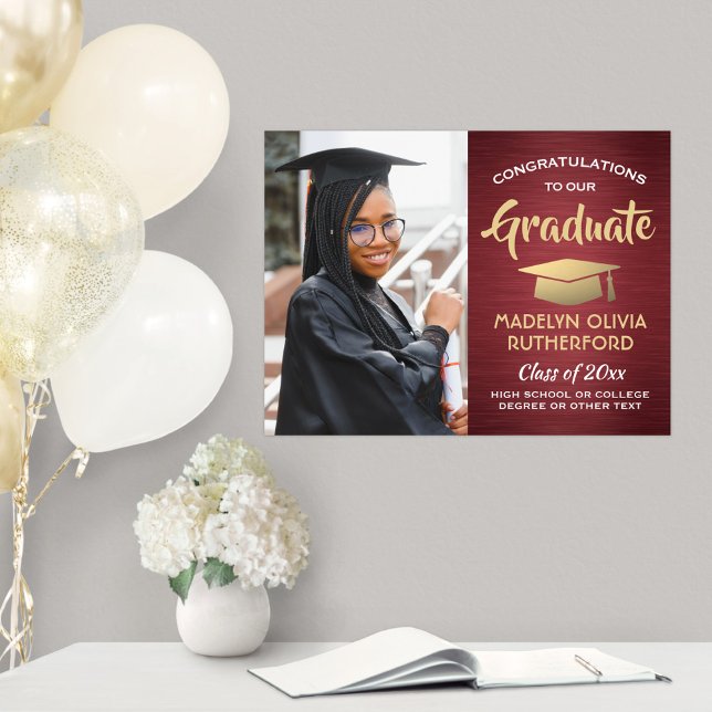Congrats Photo Brushed Burgundy & Gold Graduation Poster (Creator Uploaded)