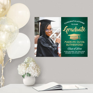 Congrats Photo Brushed Green and Gold Graduation Poster