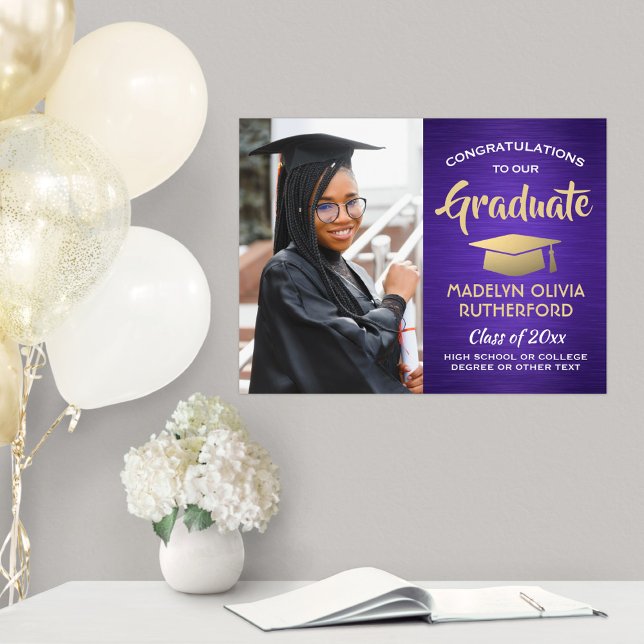 Congrats Photo Brushed Purple & Gold Graduation Poster (Creator Uploaded)