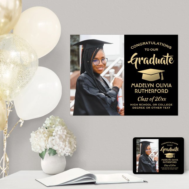 Congrats Photo Elegant Black and Gold Graduation Poster (Creator Uploaded)