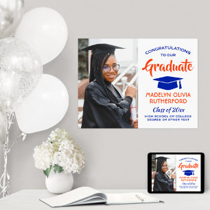Congrats Photo Orange Blue and White Graduation Poster