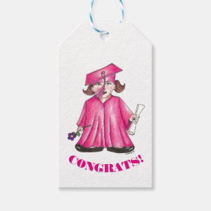 CONGRATS! Pink Graduation Girl Cap Gown Diploma Gift Tags