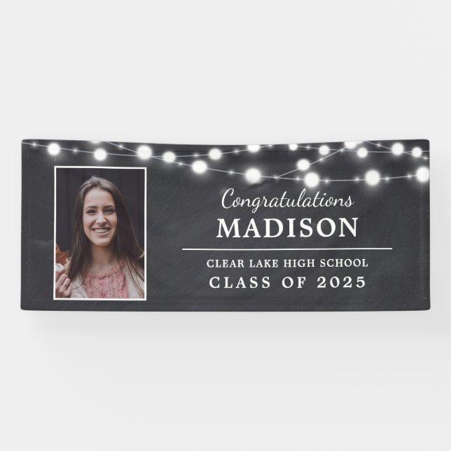 Congrats Rustic Chalk String Lights Grad Photo Banner (Horizontal)