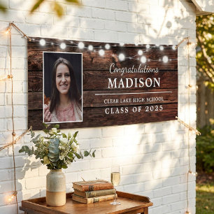 Congrats Rustic Wood String Lights Grad Photo Banner
