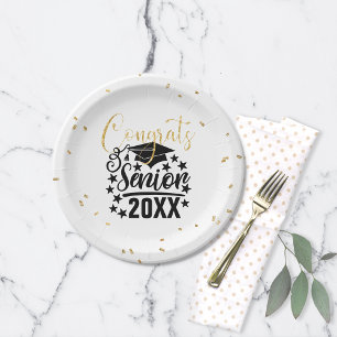 Congrats Senior 20XX Faux Glitter Confetti Paper Plate
