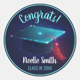 Congrats! Sparkling Blue Graduation Cap, Class of Classic Round Sticker