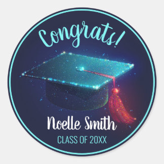 Congrats! Sparkling Blue Graduation Cap, Class of Classic Round Sticker