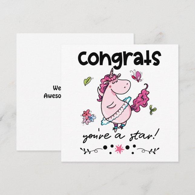 Congrats Star Cartoon Dancing Unicorn Humour Card (Front/Back)