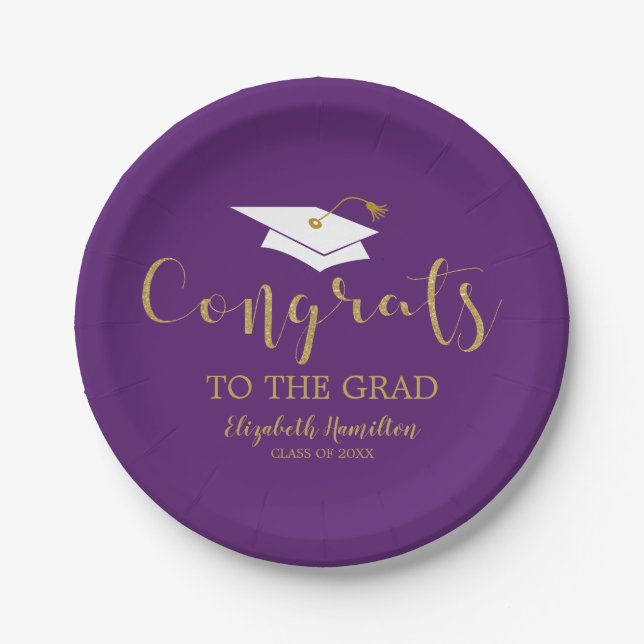 Congrats To The Grad Gold Glitter Purple Paper Plate (Front)
