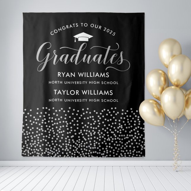 Congrats Two Graduates Black Silver Confetti Party Tapestry (Creator Uploaded)