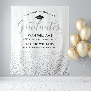 Congrats Two Graduates Silver Confetti Party Tapestry