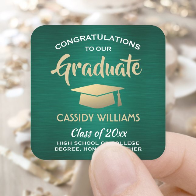 Congratss Brushed Green, White and Gold Graduation Square Sticker (Creator Uploaded)