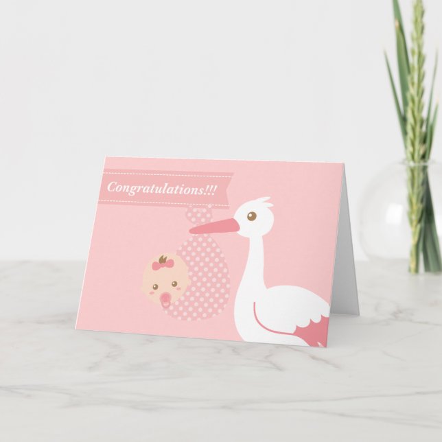Congratulate new parents - stork with baby girl card (Front)