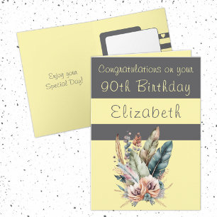 Congratulations 90th birthday floral grey yellow card