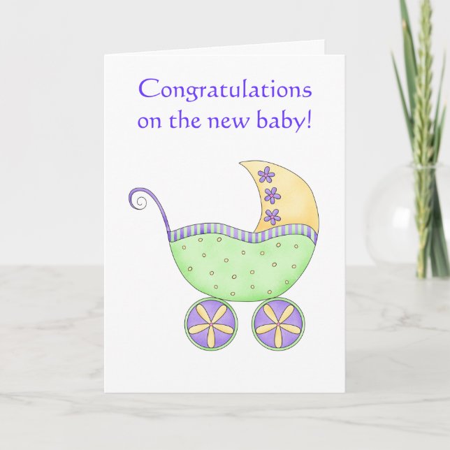 Congratulations Baby Buggy Carriage Green Yellow Card (Front)