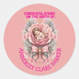 Congratulations Baby Fairy girl Pink Rose Birth  Classic Round Sticker
