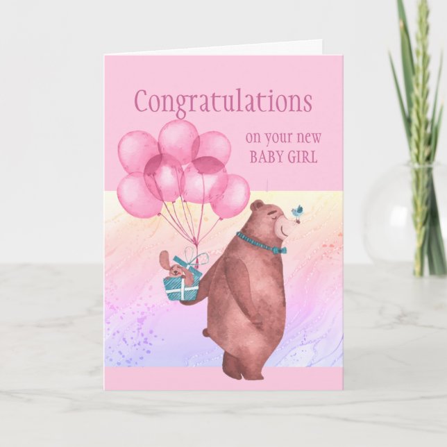Congratulations Baby Girl  FunTeddy Bear Balloon  Card (Front)