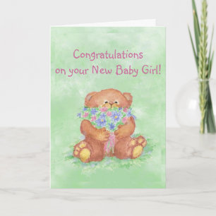 Congratulations Baby Girl FunTeddy Bear Flowers Card