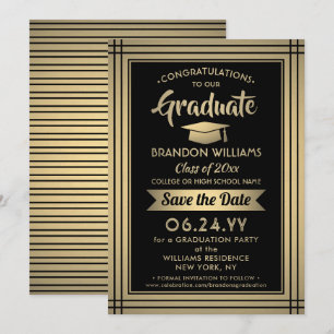 Congratulations Black and Gold Stripes Graduation Save The Date