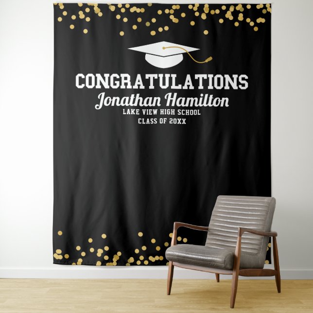 Congratulations Black Gold Grad Party Backdrop Tapestry (In Situ)