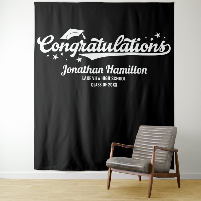 Congratulations Black Graduation Party Backdrop Tapestry (In Situ)