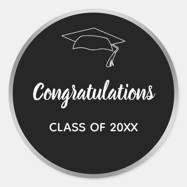Congratulations Black Silver Elegant Class of 2025 Classic Round Sticker (Front)