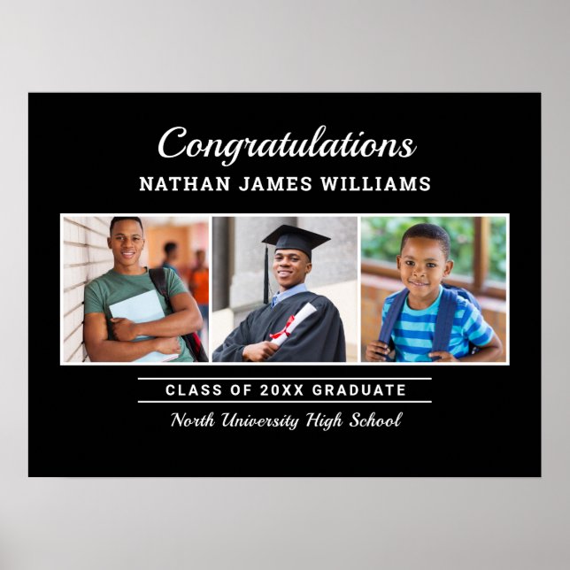 Congratulations Black Three Photo Graduation Poster (Front)