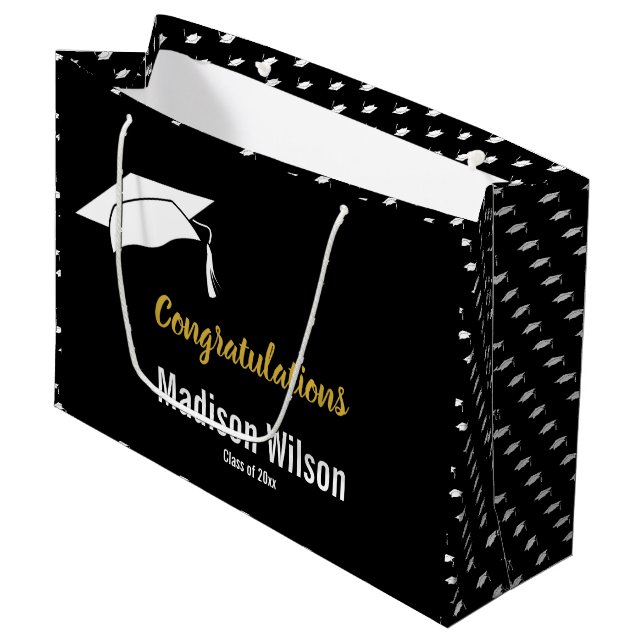 Congratulations Black White & Faux Gold Graduation Large Gift Bag (Front Angled)