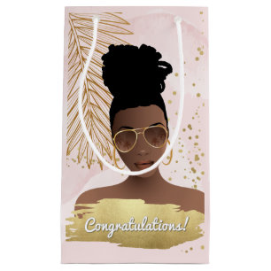 Congratulations! Black Woman Pink & Gold, Tropical Small Gift Bag