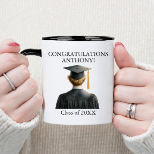 Congratulations Blonde Male Graduate in Black Gown Two-Tone Coffee Mug
