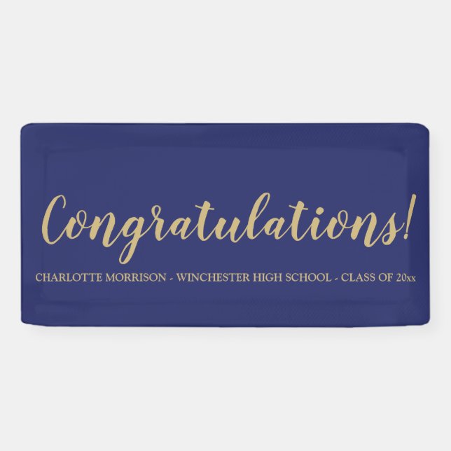 Congratulations blue gold custom script graduation banner (Horizontal)