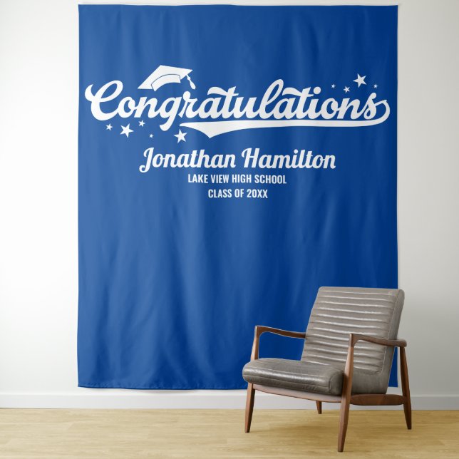 Congratulations Blue Graduation Party Backdrop Tapestry (In Situ)